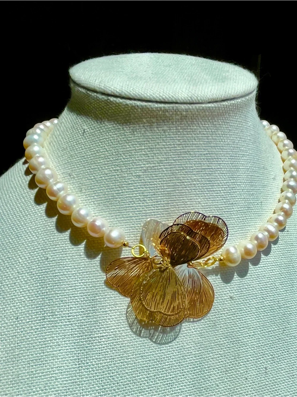 Gold Tone Floral Pendant Pearl Necklace with Ivory Pearls